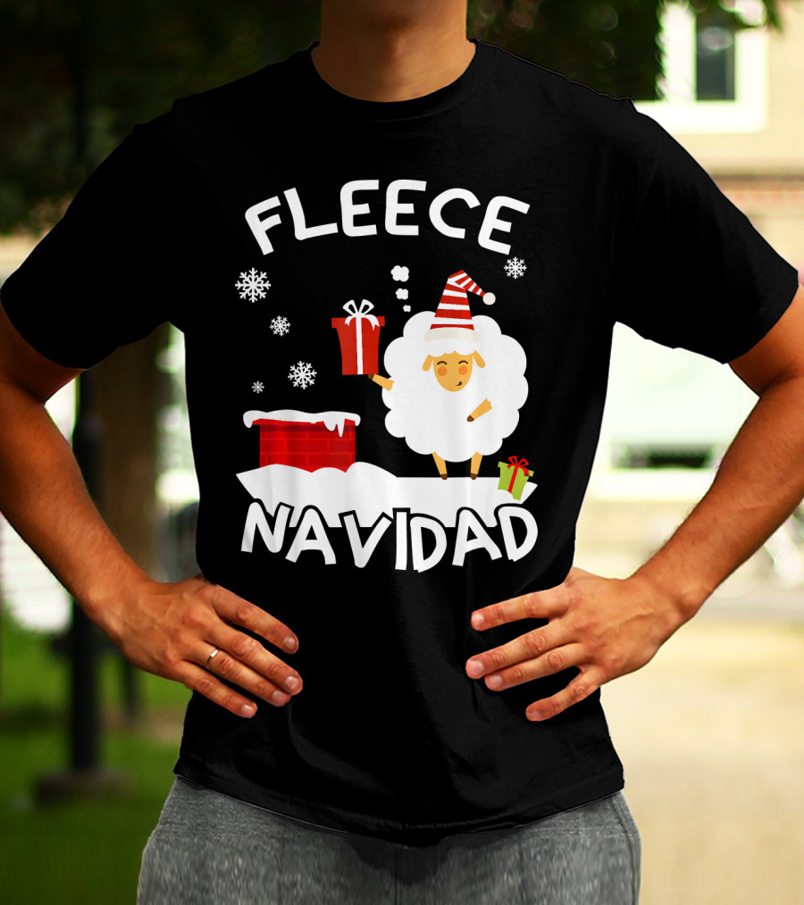 Fleece Navidad Sheep With Santa Hat And Gift Chimney Snowflakes T-Shirt
