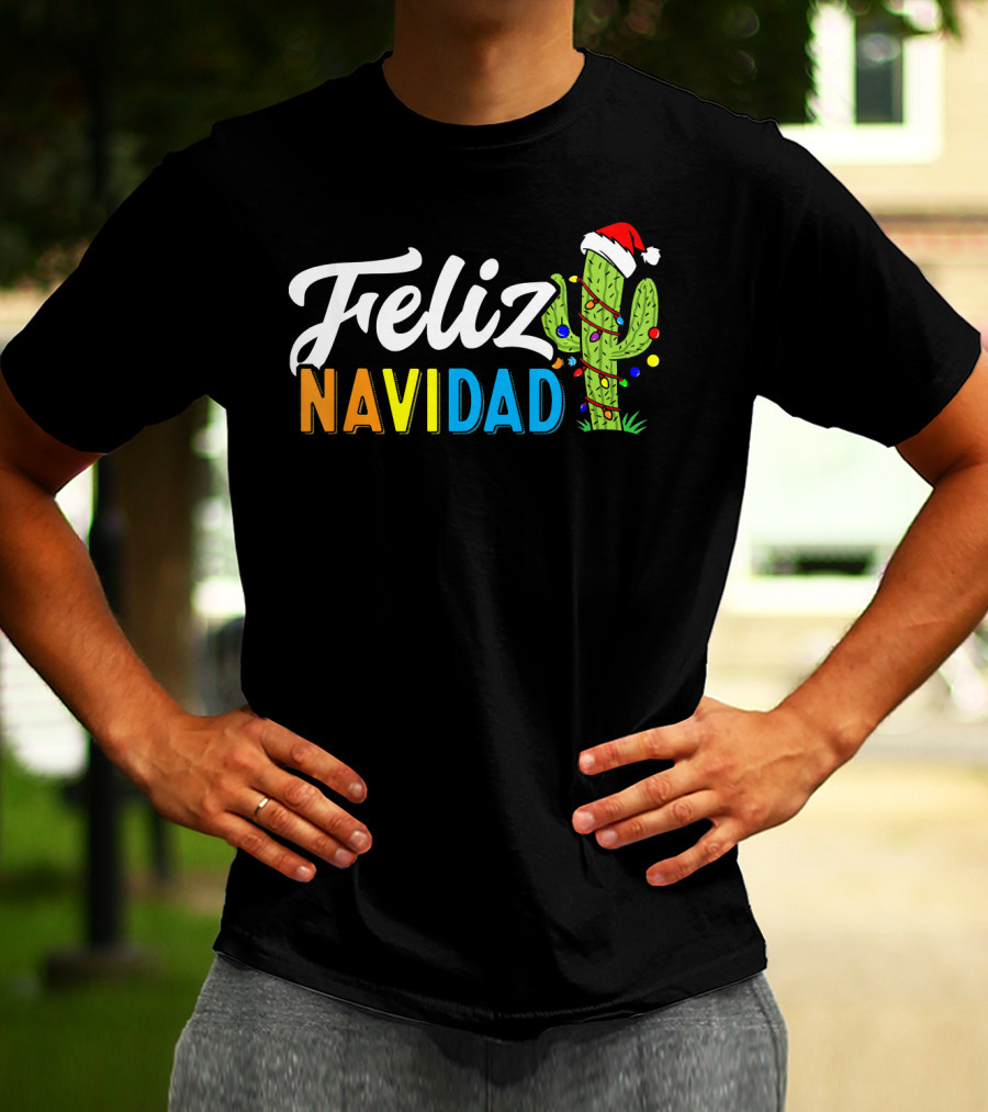 Feliz Navidad Cactus Santa Hat Christmas Lights T-Shirt