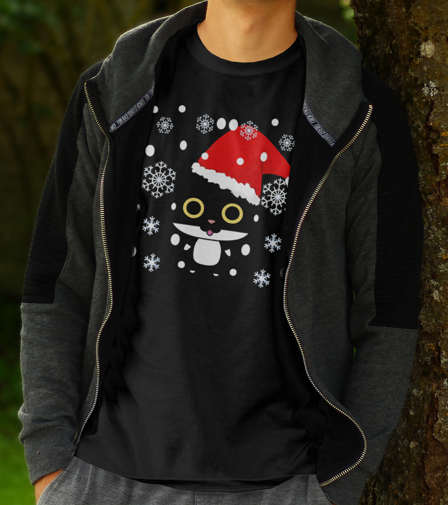 Cute Kawaii Cat With Santa Hat And Snowflakes Christmas T-Shirt