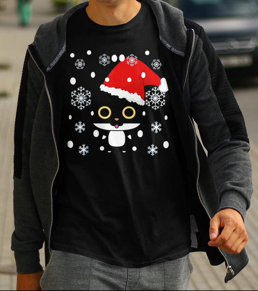 Cute Kawaii Cat With Santa Hat And Snowflakes Christmas T-Shirt