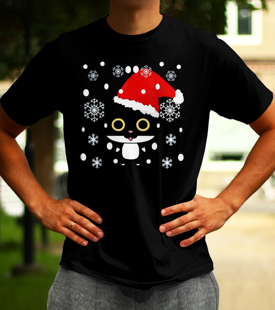 Cute Kawaii Cat With Santa Hat And Snowflakes Christmas T-Shirt