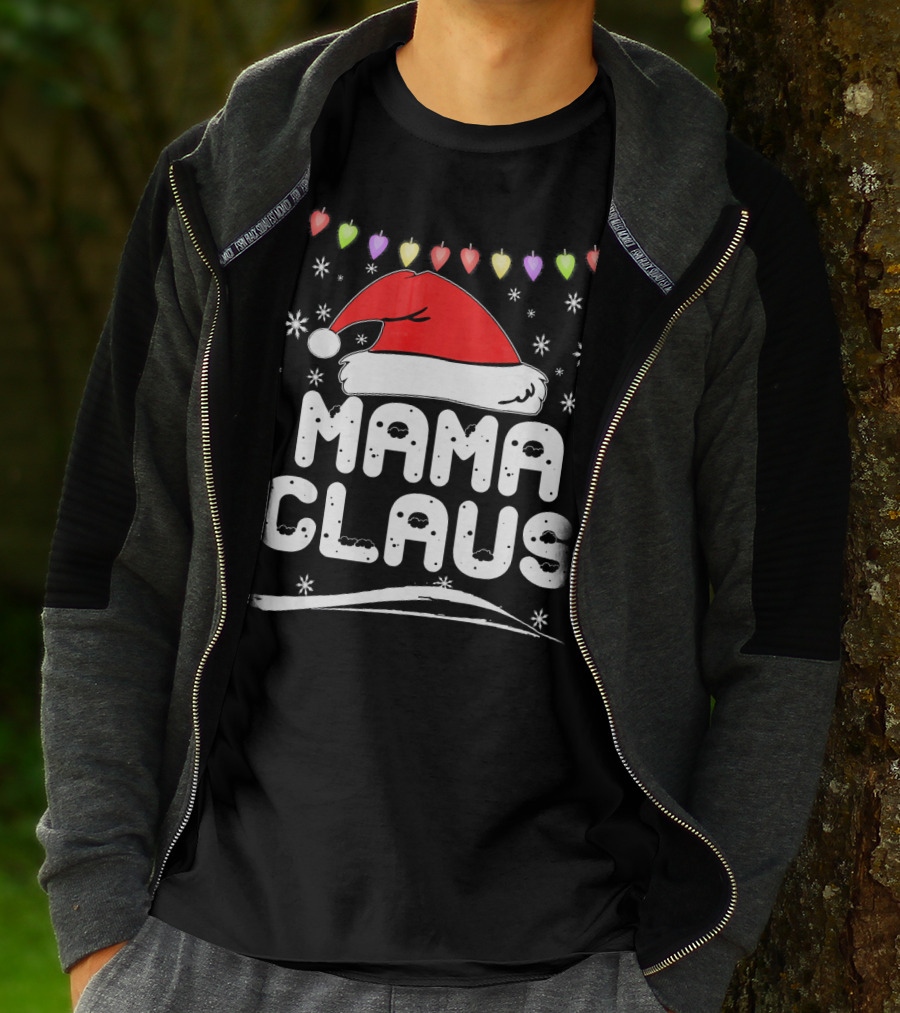 Mama Claus Christmas Heart Lights Santa Hat Snowflakes Family Santa T-Shirt