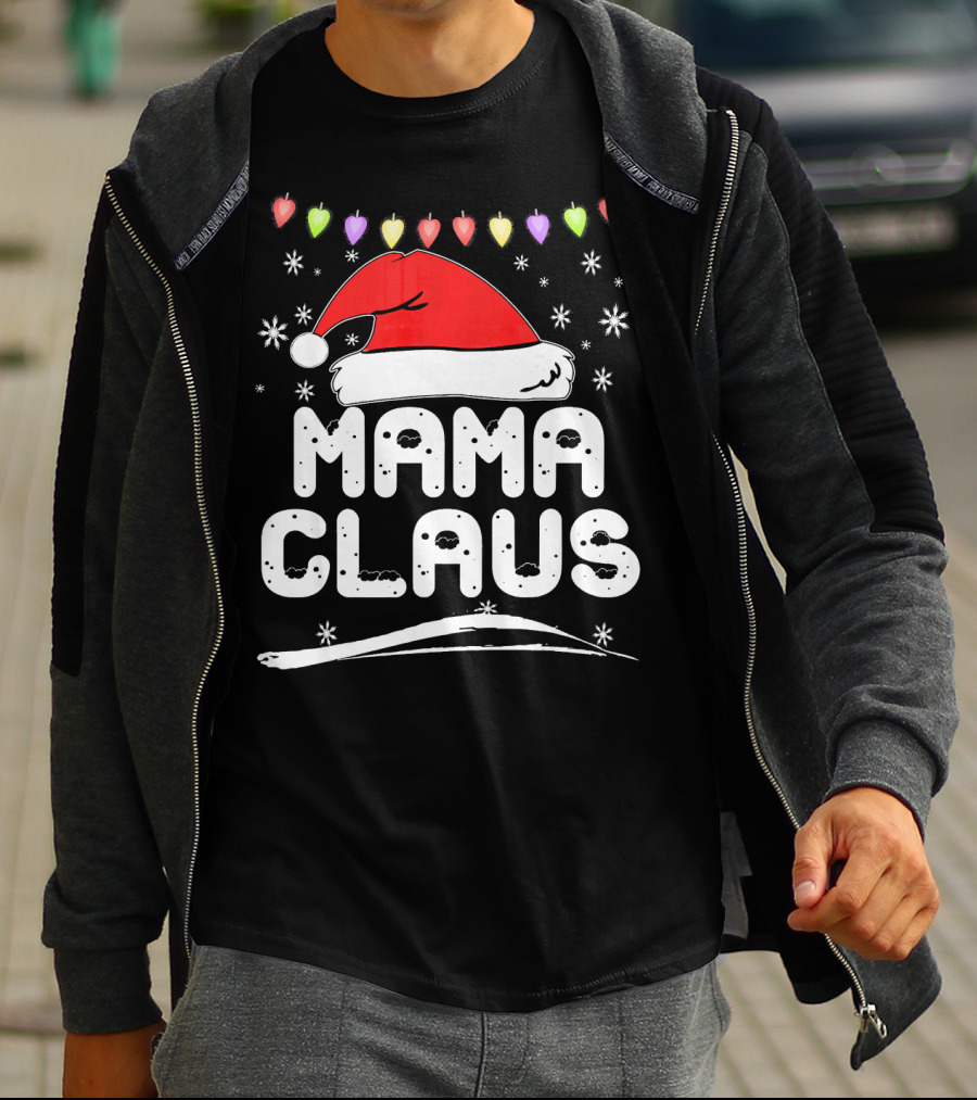 Mama Claus Christmas Heart Lights Santa Hat Snowflakes Family Santa T-Shirt