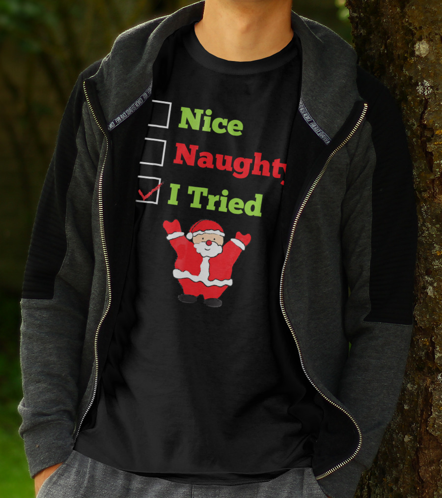 Nice Naughty I Tried Santa Checklist Funny Christmas T-Shirt