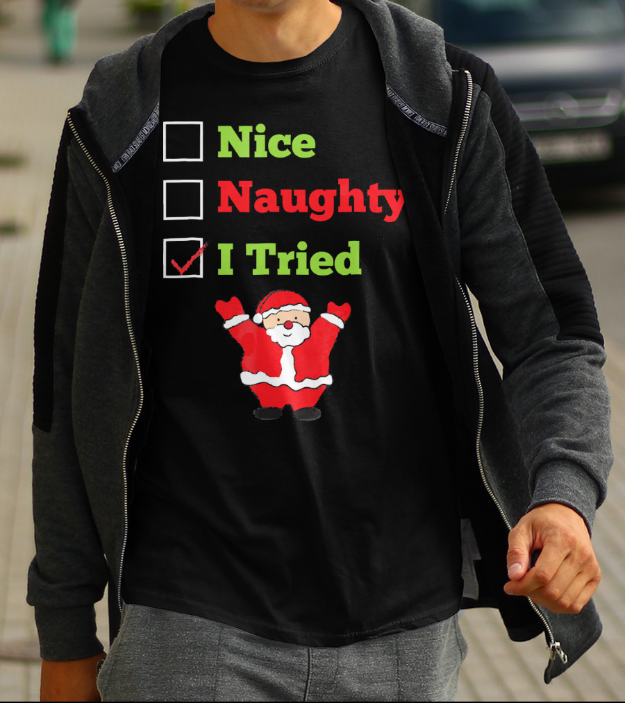 Nice Naughty I Tried Santa Checklist Funny Christmas T-Shirt