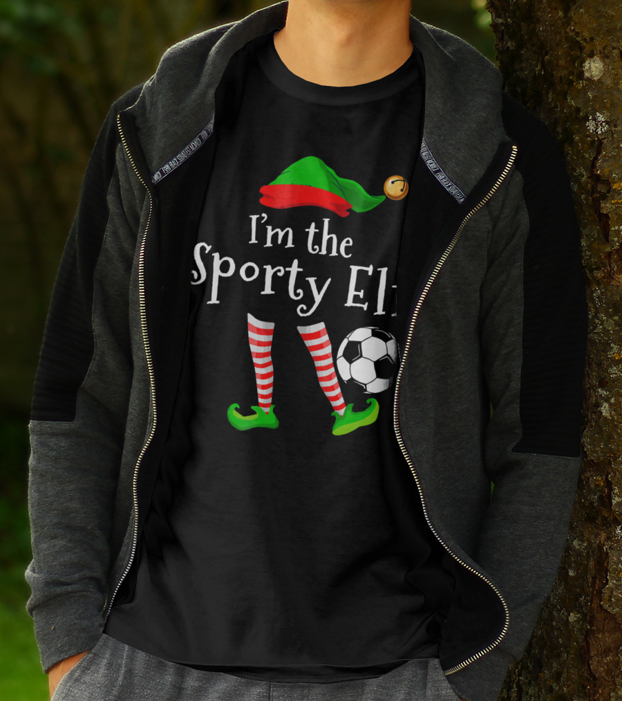 I'm The Sporty Elf Soccer Player Festive Holiday Striped Socks And Green Shoes With Soccer Ball T-Shirt