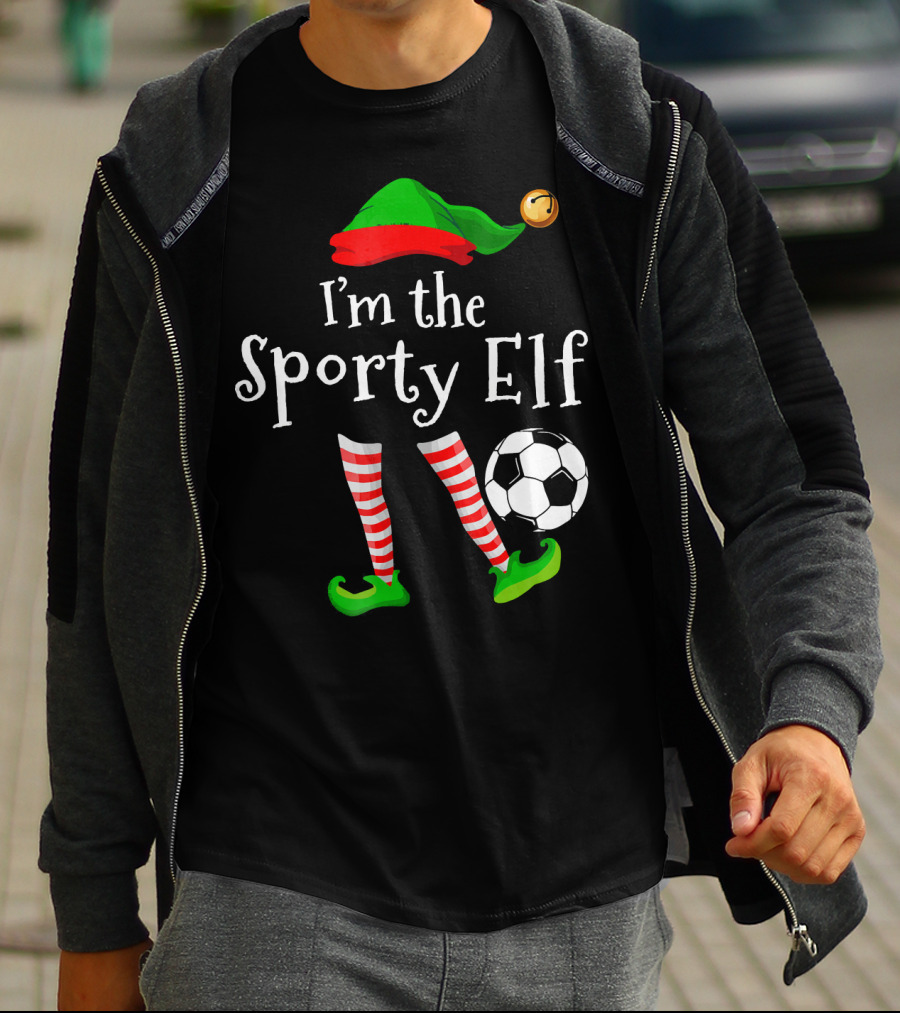 I'm The Sporty Elf Soccer Player Festive Holiday Striped Socks And Green Shoes With Soccer Ball T-Shirt