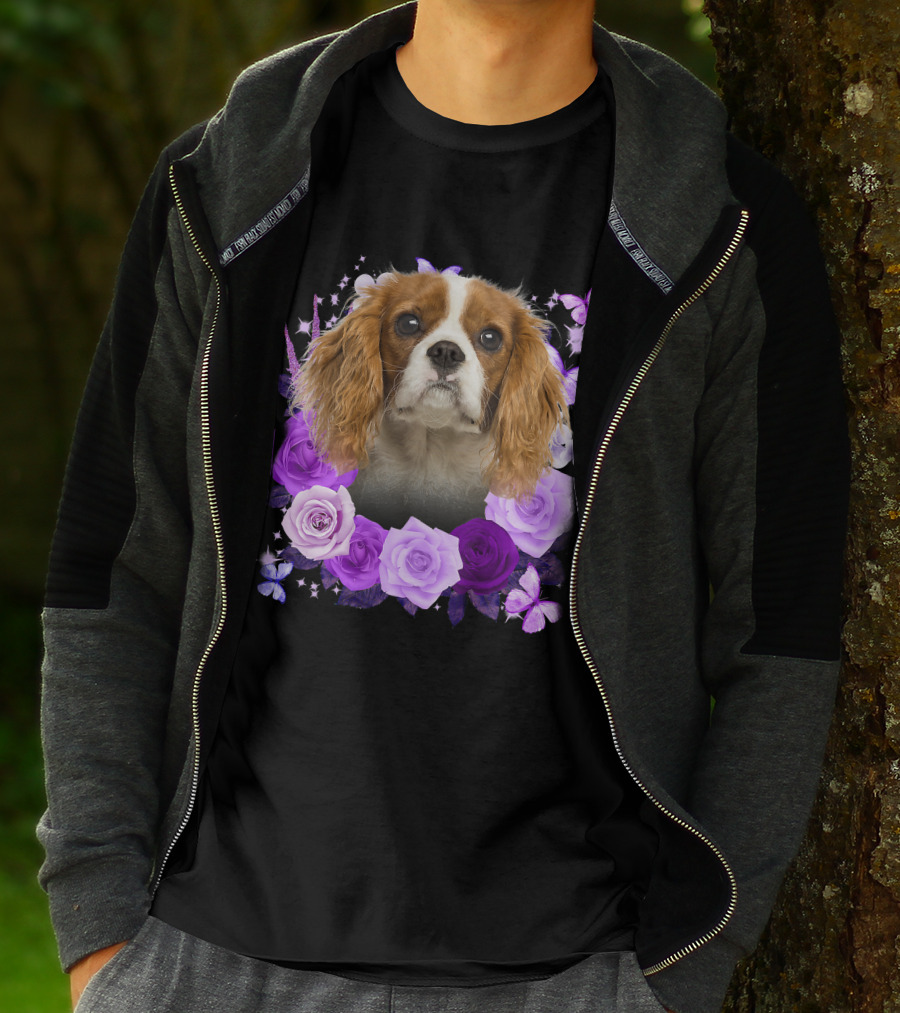 Purple Bloom With Flowers And Butterflies Featuring Cavalier King Charles Spaniel Floral Arrangement T-Shirt