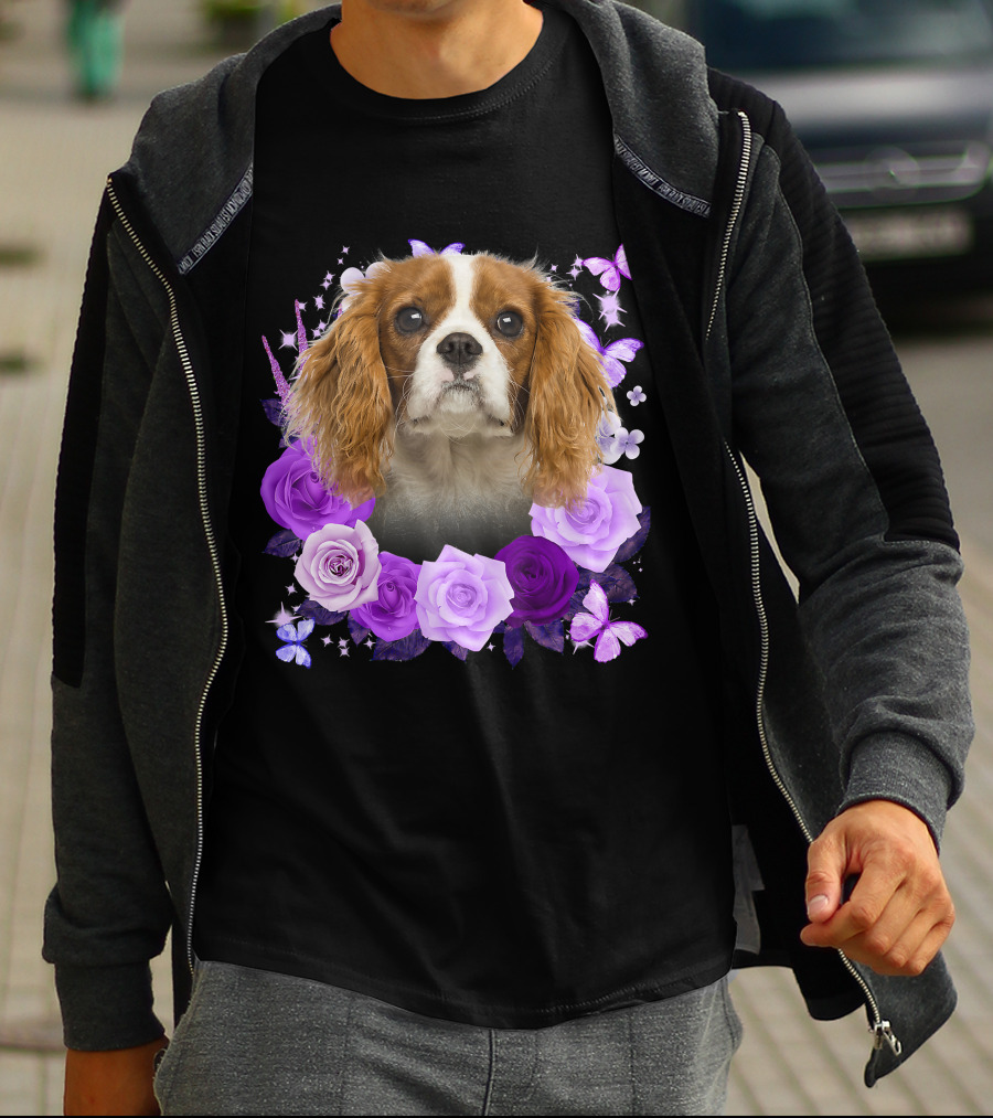 Purple Bloom With Flowers And Butterflies Featuring Cavalier King Charles Spaniel Floral Arrangement T-Shirt