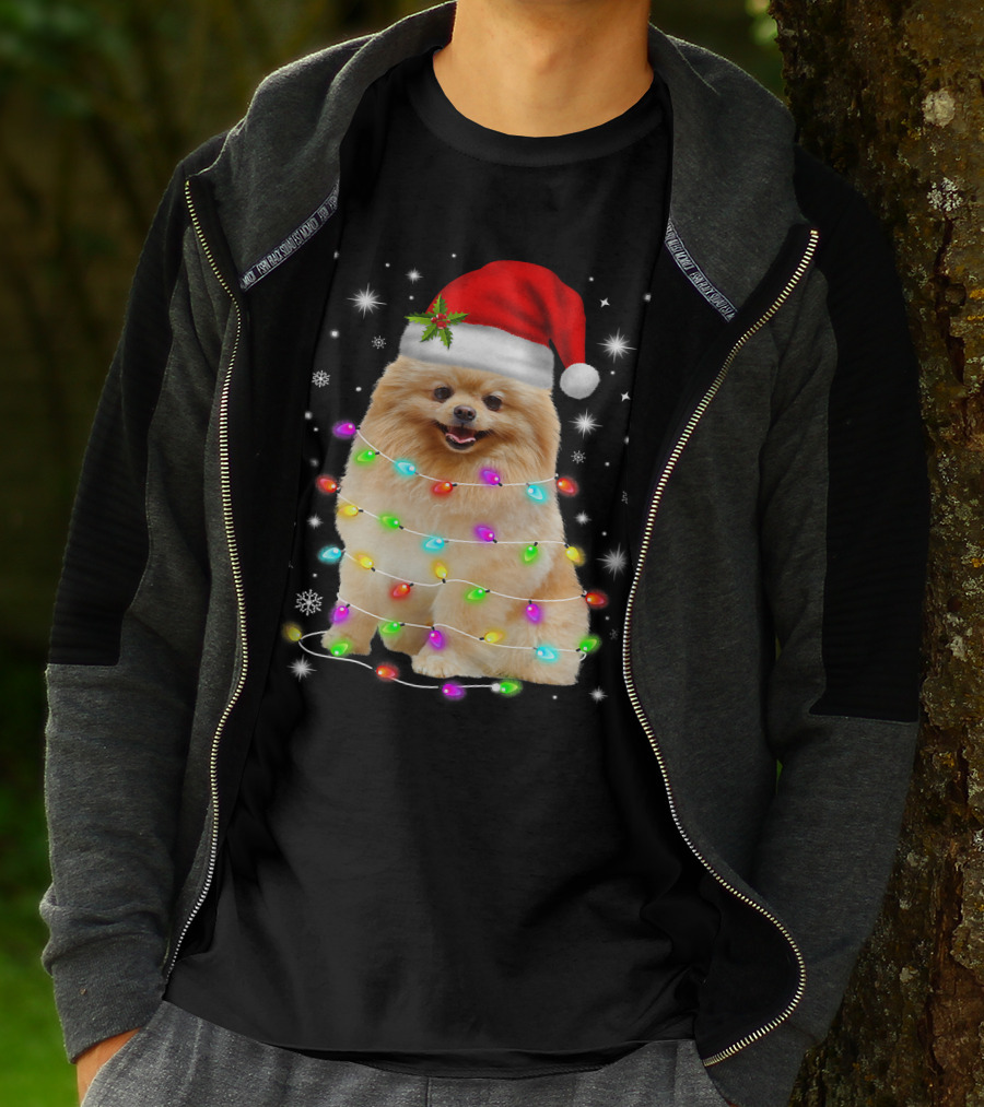 Pomeranian Pup Wrapped In Christmas Lights With Santa Hat And Festive Glow T-Shirt