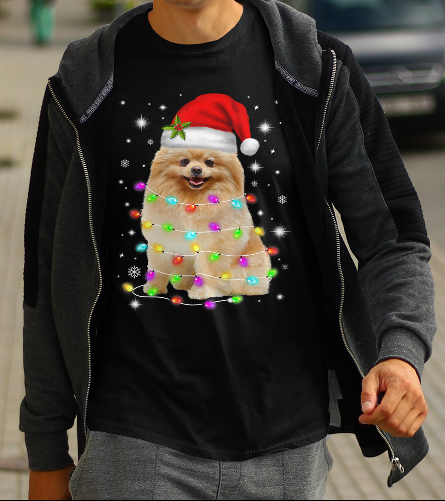 Pomeranian Pup Wrapped In Christmas Lights With Santa Hat And Festive Glow T-Shirt