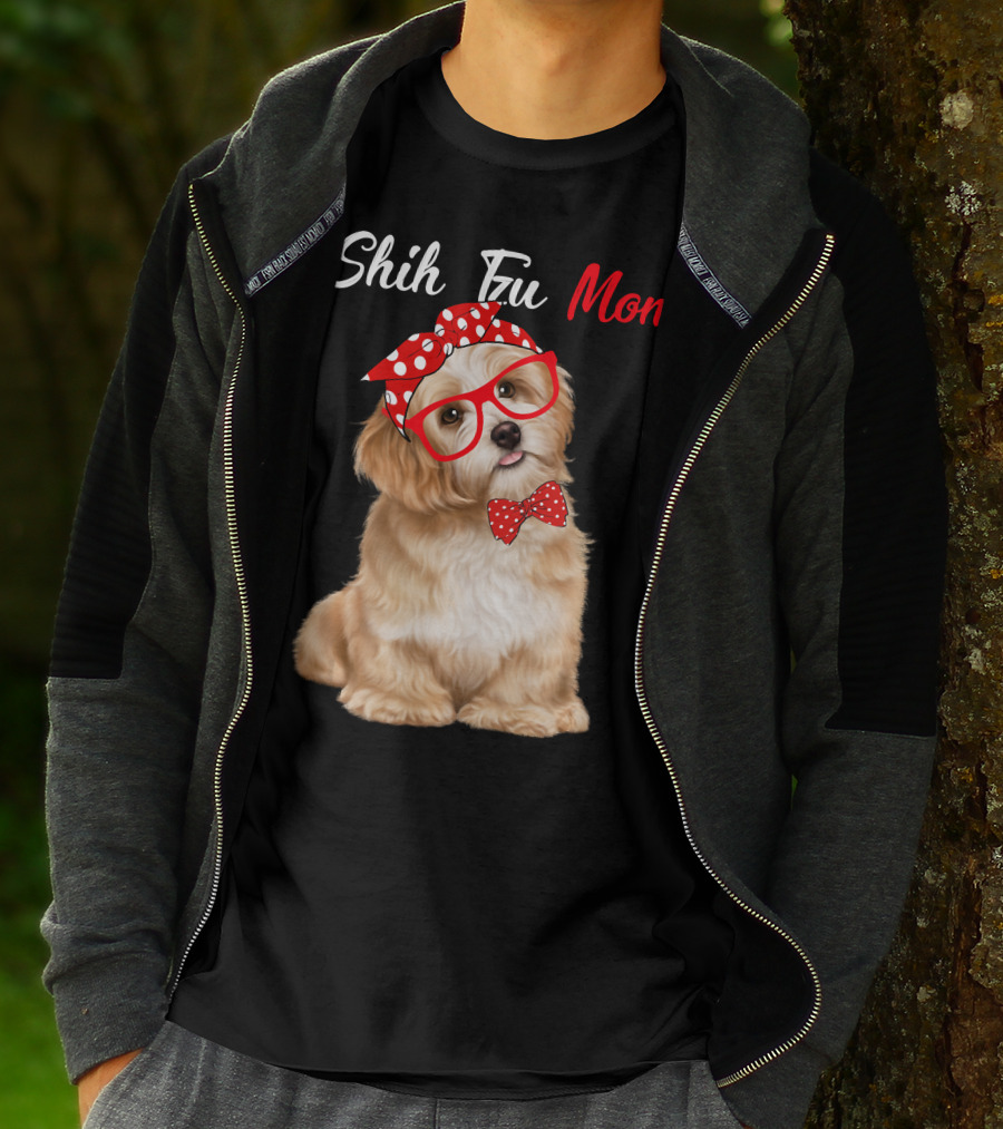 Shih Tzu Mom Red Glasses And Polka Dot Bow Accessories T-Shirt