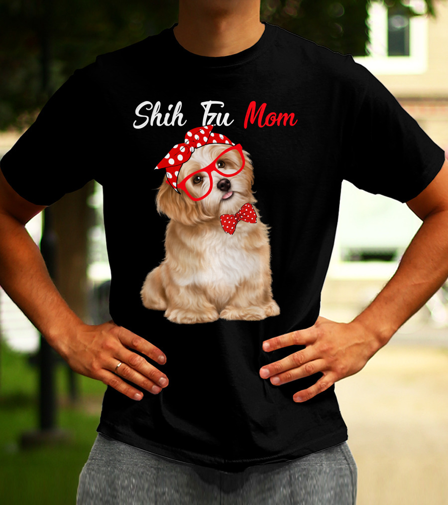 Shih Tzu Mom Red Glasses And Polka Dot Bow Accessories T-Shirt