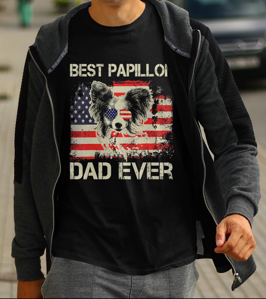 BEST PAPILLON DAD EVER American Flag Papillon T-Shirt