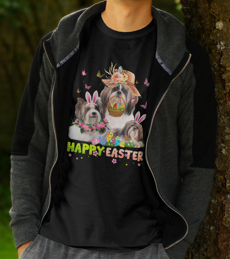 Shih Tzu Dogs With Bunny Ears And Easter Eggs Celebrating Happy Easter T-Shirt