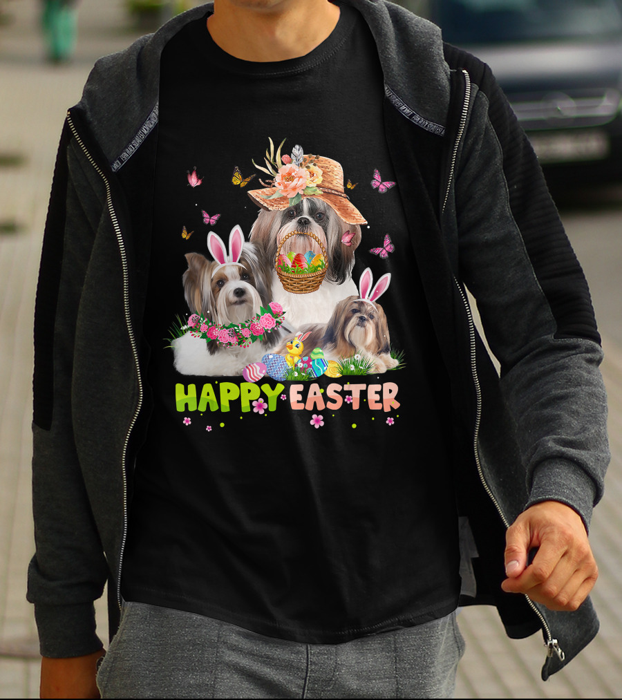 Shih Tzu Dogs With Bunny Ears And Easter Eggs Celebrating Happy Easter T-Shirt
