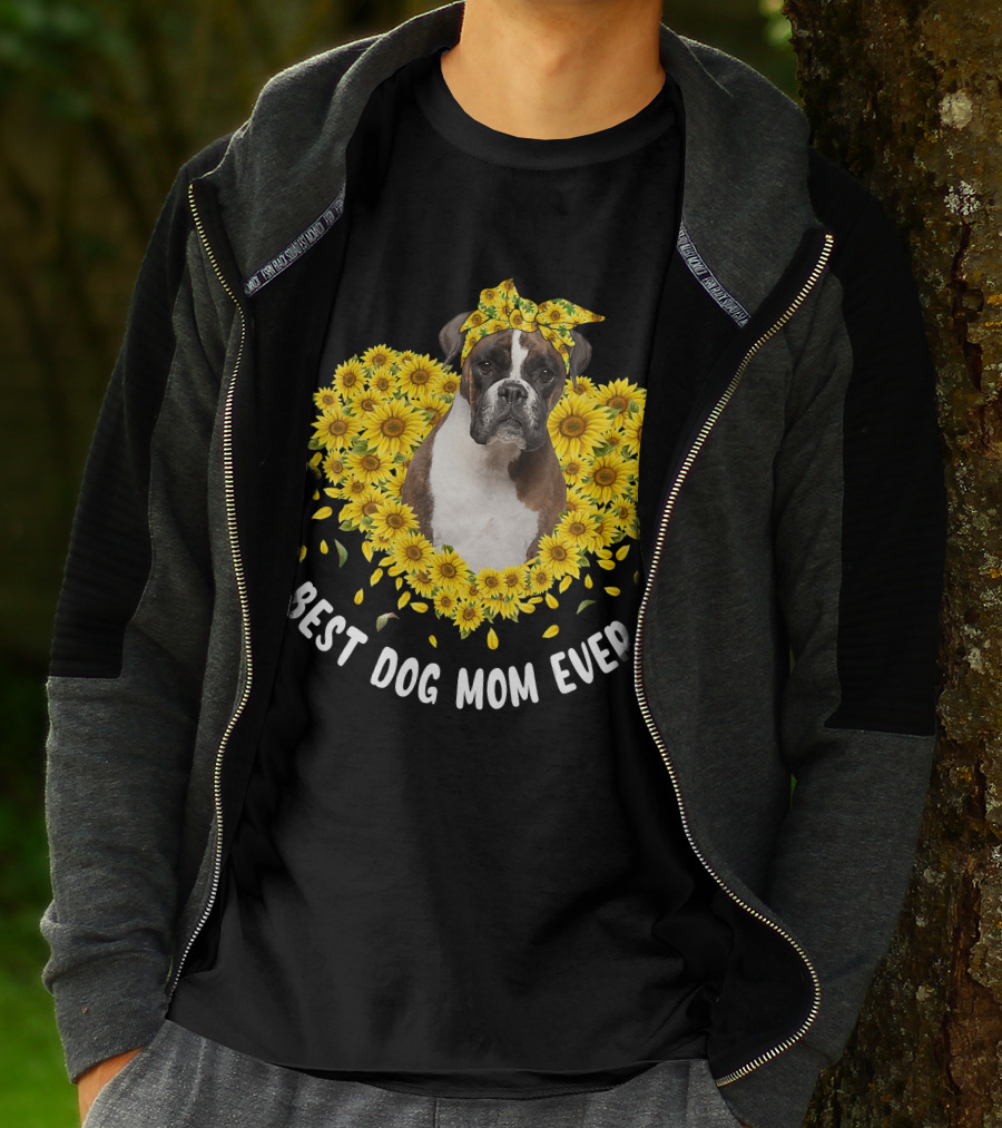 Best Dog Mom Ever Boxer Surrounded By Sunflowers T-Shirt