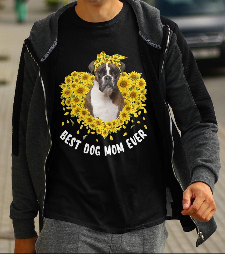 Best Dog Mom Ever Boxer Surrounded By Sunflowers T-Shirt