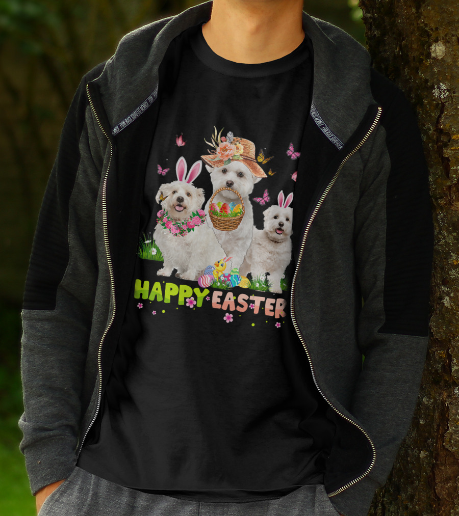 Happy Easter Maltese Dogs Bunny Ears Basket Eggs Butterflies T-Shirt
