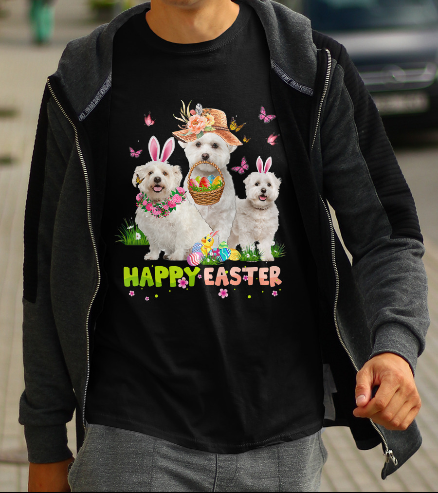 Happy Easter Maltese Dogs Bunny Ears Basket Eggs Butterflies T-Shirt