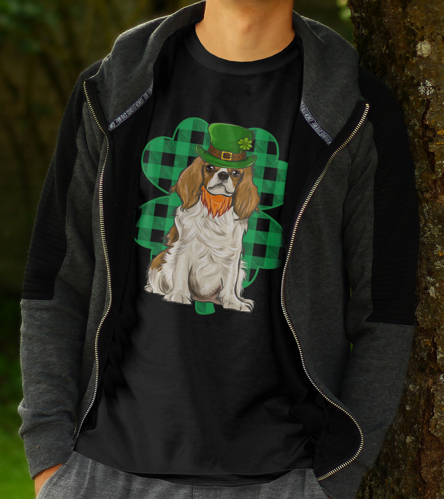King Charles Spaniel Leprechaun With Shamrock Hat And Plaid Clover T-Shirt