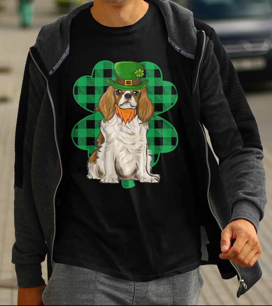 King Charles Spaniel Leprechaun With Shamrock Hat And Plaid Clover T-Shirt