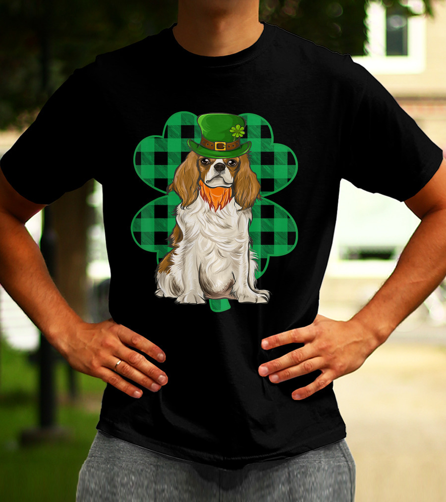 King Charles Spaniel Leprechaun With Shamrock Hat And Plaid Clover T-Shirt