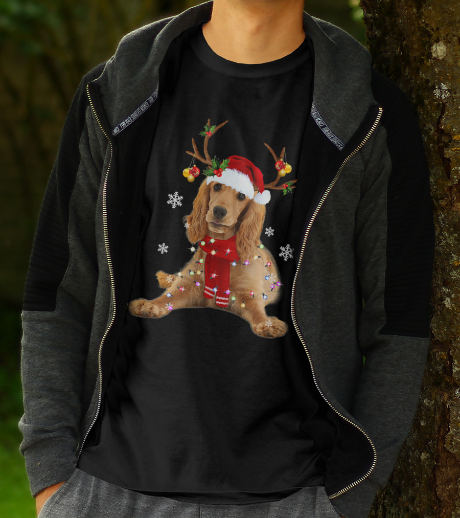 Cocker Spaniel In Santa Hat With Christmas Lights And Reindeer Antlers T-Shirt