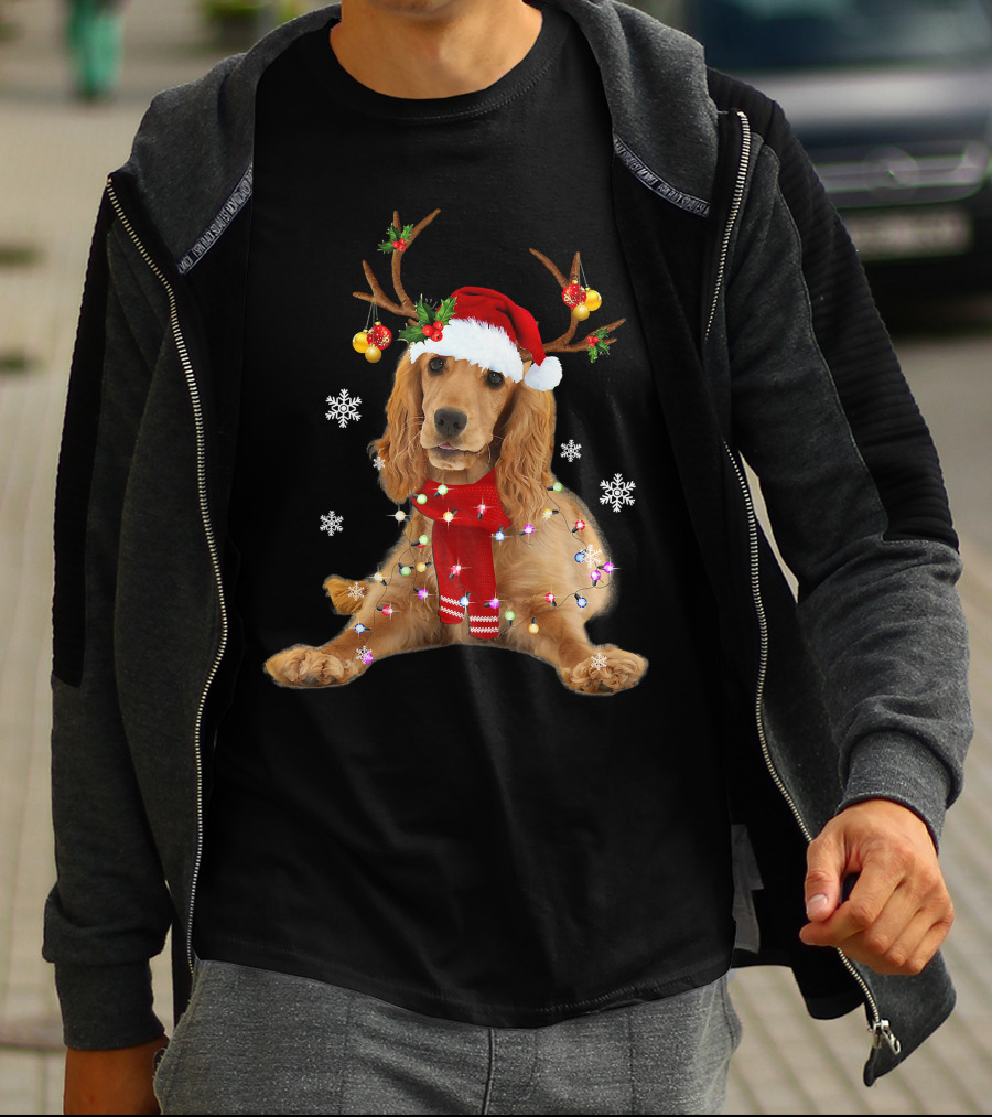 Cocker Spaniel In Santa Hat With Christmas Lights And Reindeer Antlers T-Shirt