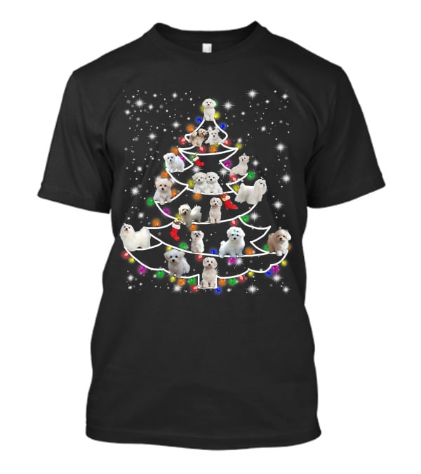 Maltese Dogs Christmas Tree Fairy Light Holiday Scene T-Shirt