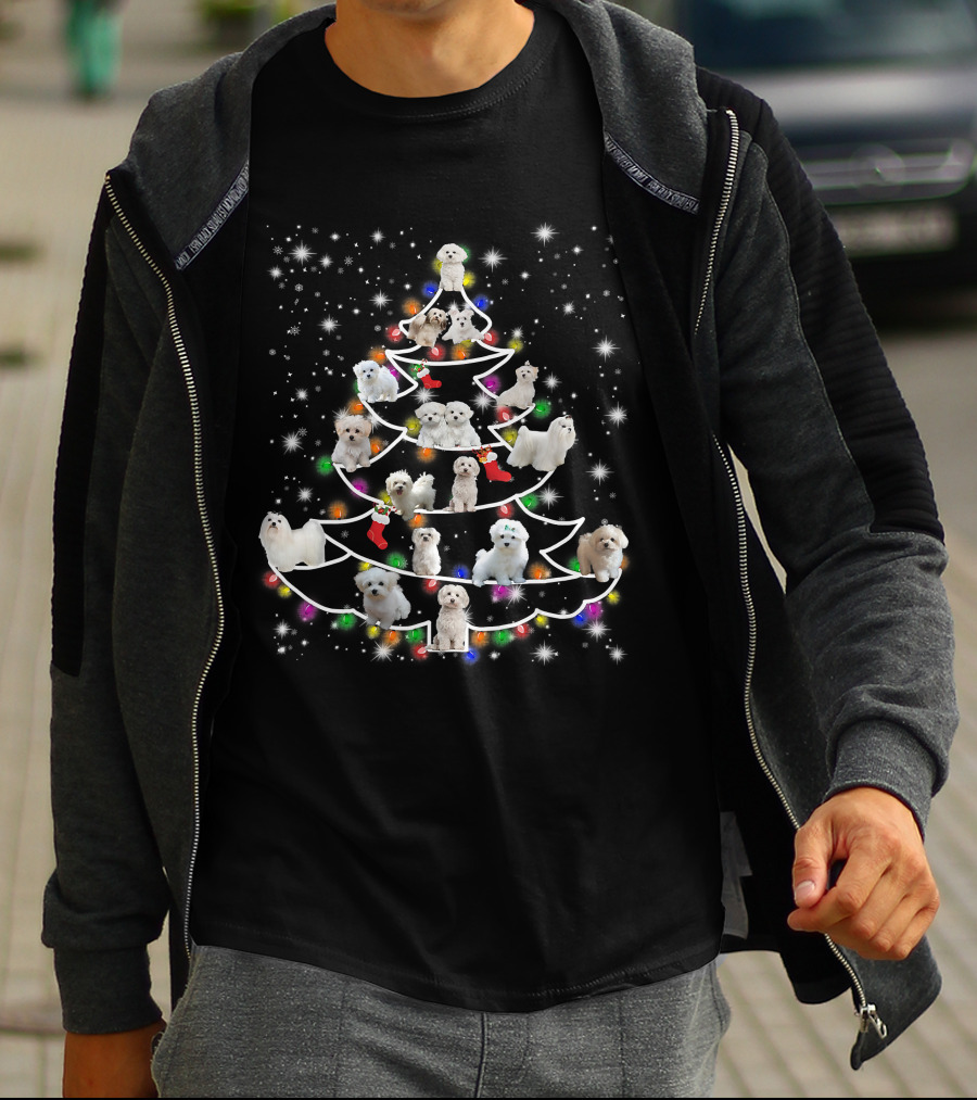 Maltese Dogs Christmas Tree Fairy Light Holiday Scene T-Shirt