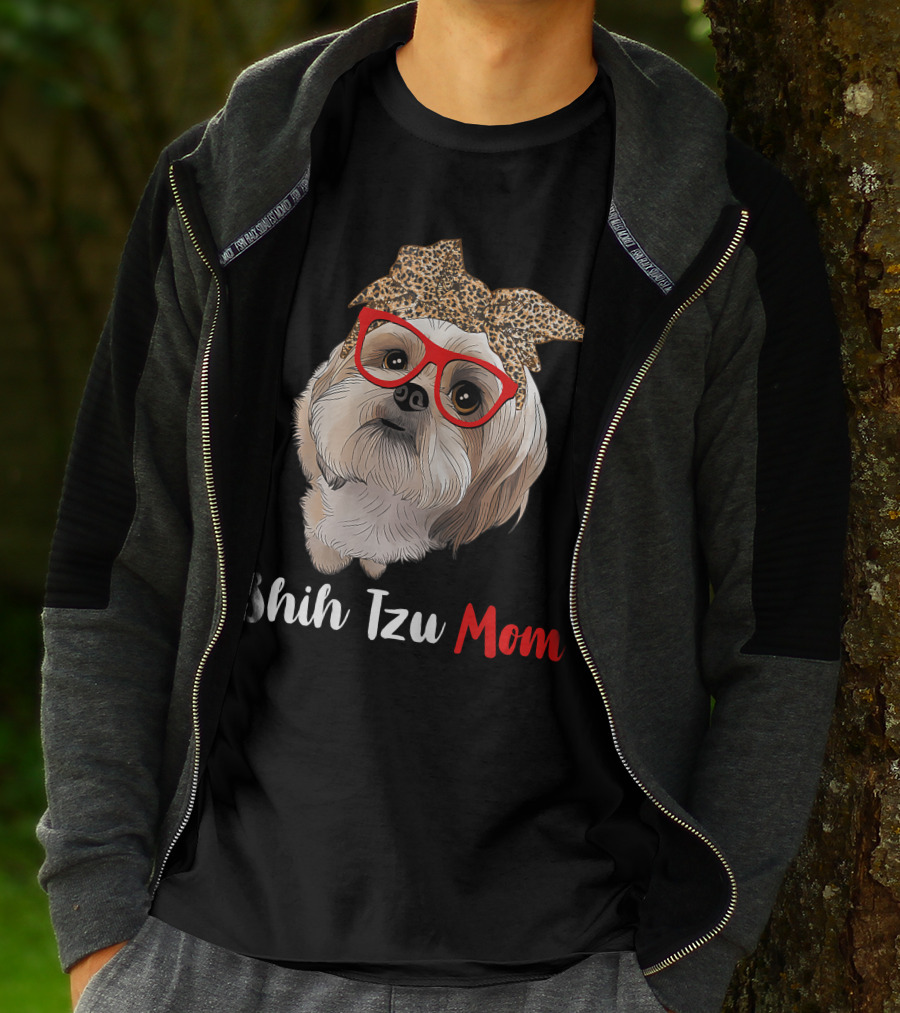 Shih Tzu Mom Leopard Print Bow Cute Dog Lover Red Glasses T-Shirt