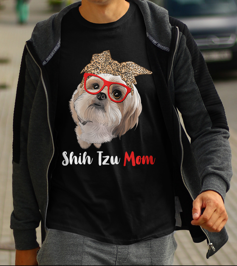 Shih Tzu Mom Leopard Print Bow Cute Dog Lover Red Glasses T-Shirt