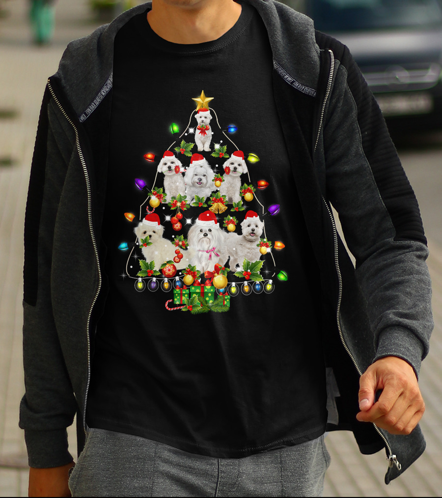 Maltese Christmas Tree Santa Funny Dogs Lights Holiday T-Shirt