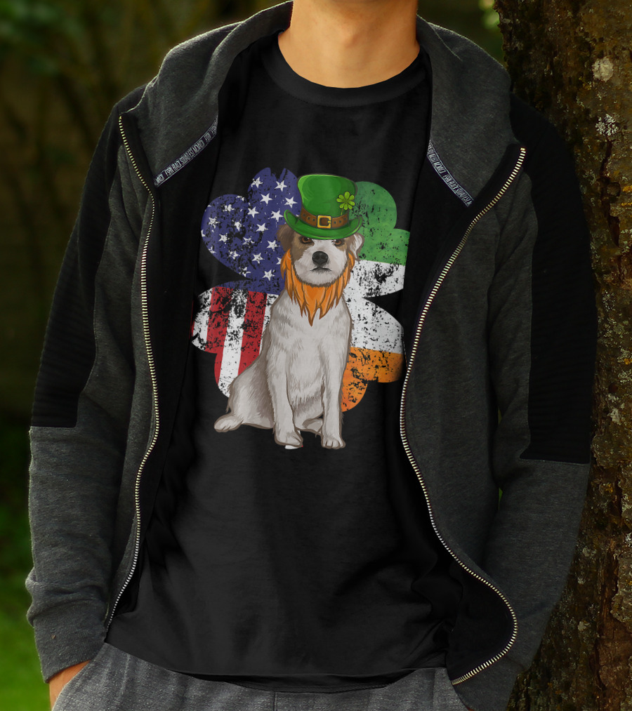 Irish American Parson Terrier Wearing Leprechaun Hat With USA And Ireland Flags Shamrock St. Patrick's Day T-Shirt