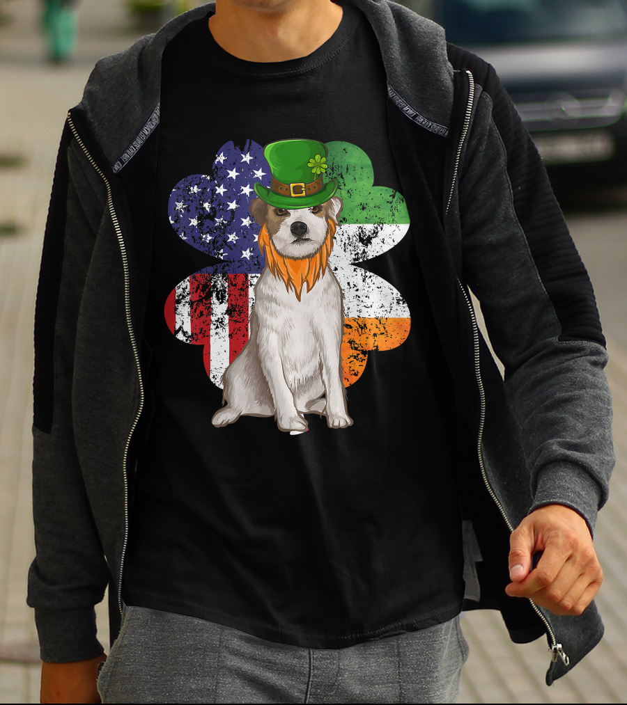 Irish American Parson Terrier Wearing Leprechaun Hat With USA And Ireland Flags Shamrock St. Patrick's Day T-Shirt