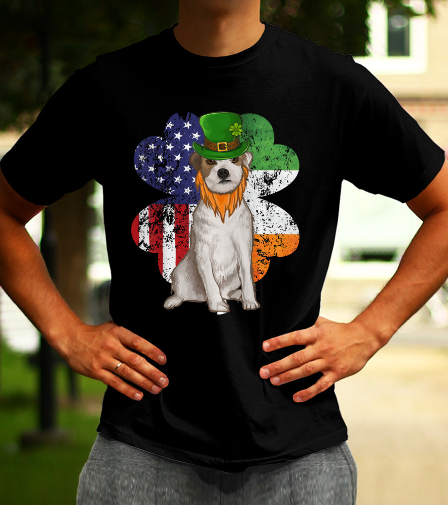 Irish American Parson Terrier Wearing Leprechaun Hat With USA And Ireland Flags Shamrock St. Patrick's Day T-Shirt