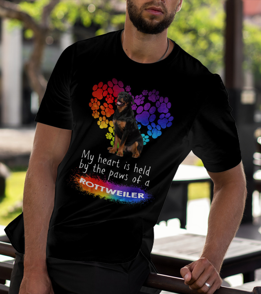 My Heart Is Held By The Paws Of A Rottweiler Rainbow Paw Print Heart T-Shirt