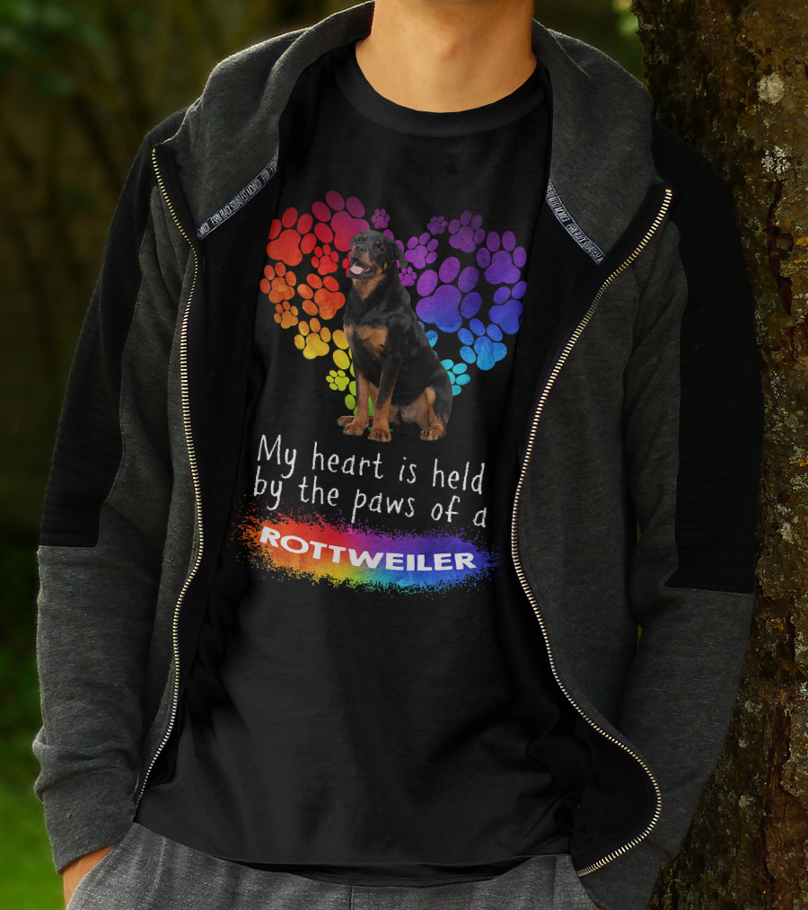 My Heart Is Held By The Paws Of A Rottweiler Rainbow Paw Print Heart T-Shirt