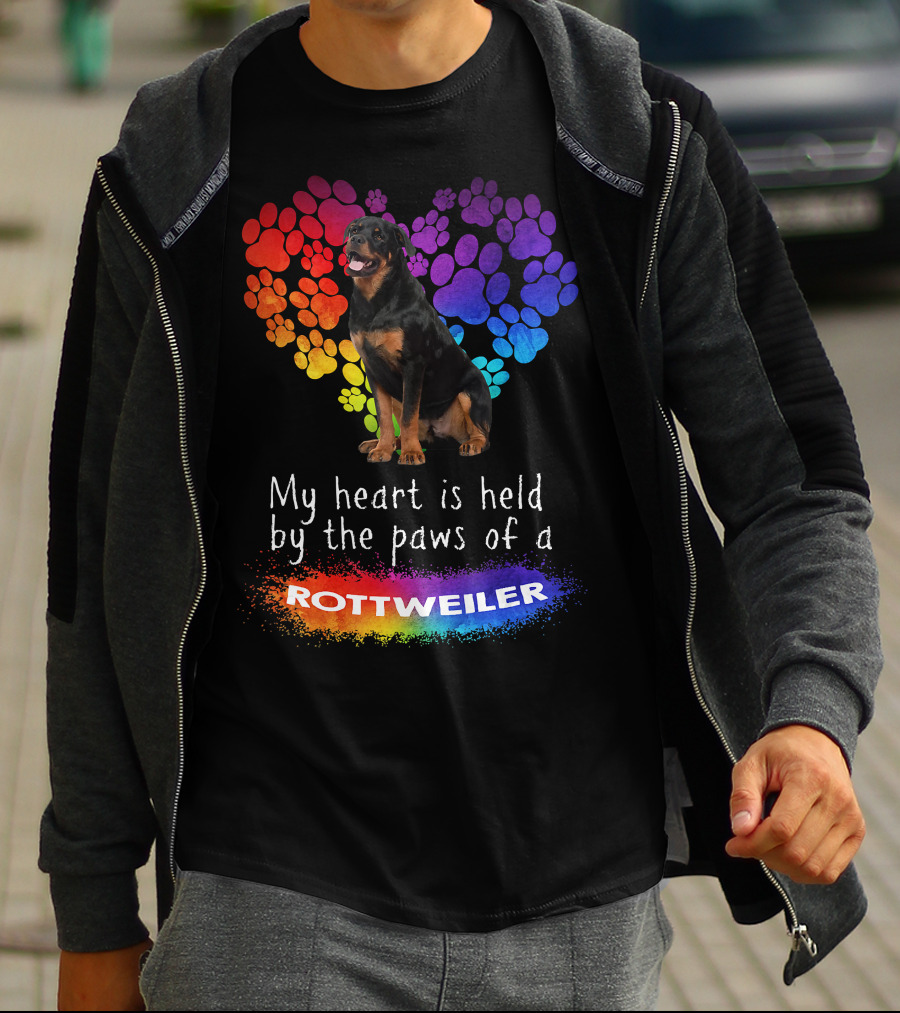 My Heart Is Held By The Paws Of A Rottweiler Rainbow Paw Print Heart T-Shirt