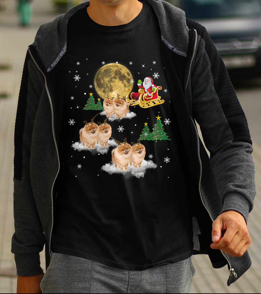 Pomeranian Christmas Santa Sled With Reindeer Funny Dog Love T-Shirt