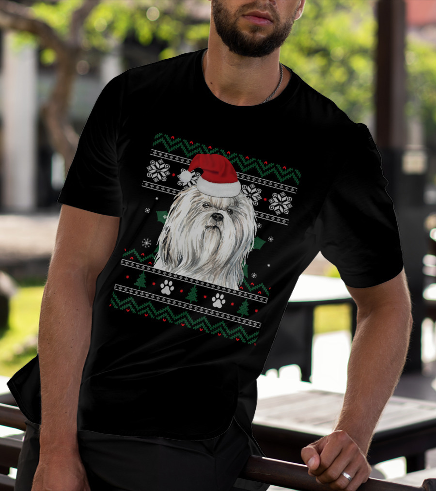 Cute Shih Tzu Dog Wears Santa Hat Christmas Pattern Snowflakes And Trees T-Shirt