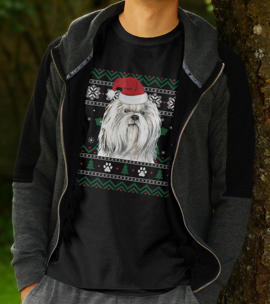 Cute Shih Tzu Dog Wears Santa Hat Christmas Pattern Snowflakes And Trees T-Shirt