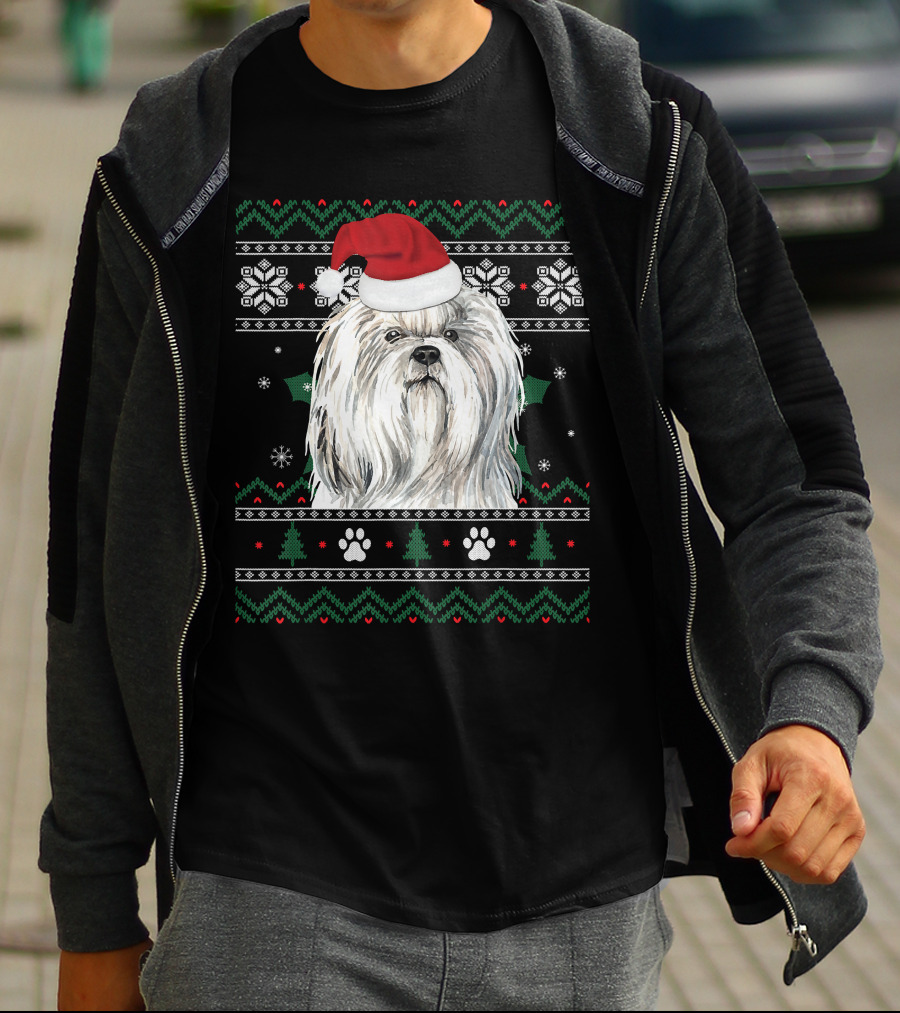 Cute Shih Tzu Dog Wears Santa Hat Christmas Pattern Snowflakes And Trees T-Shirt