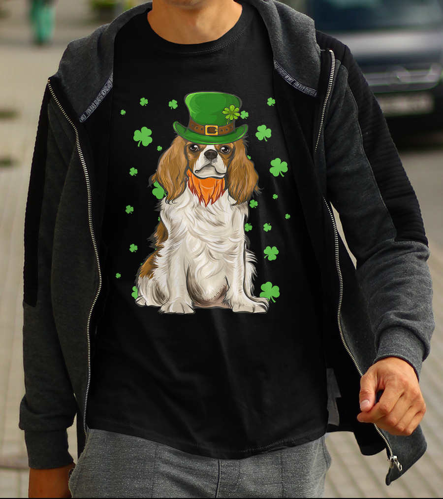 St Patricks Day Cavalier King Charles Spaniel Green Hat Clover T-Shirt