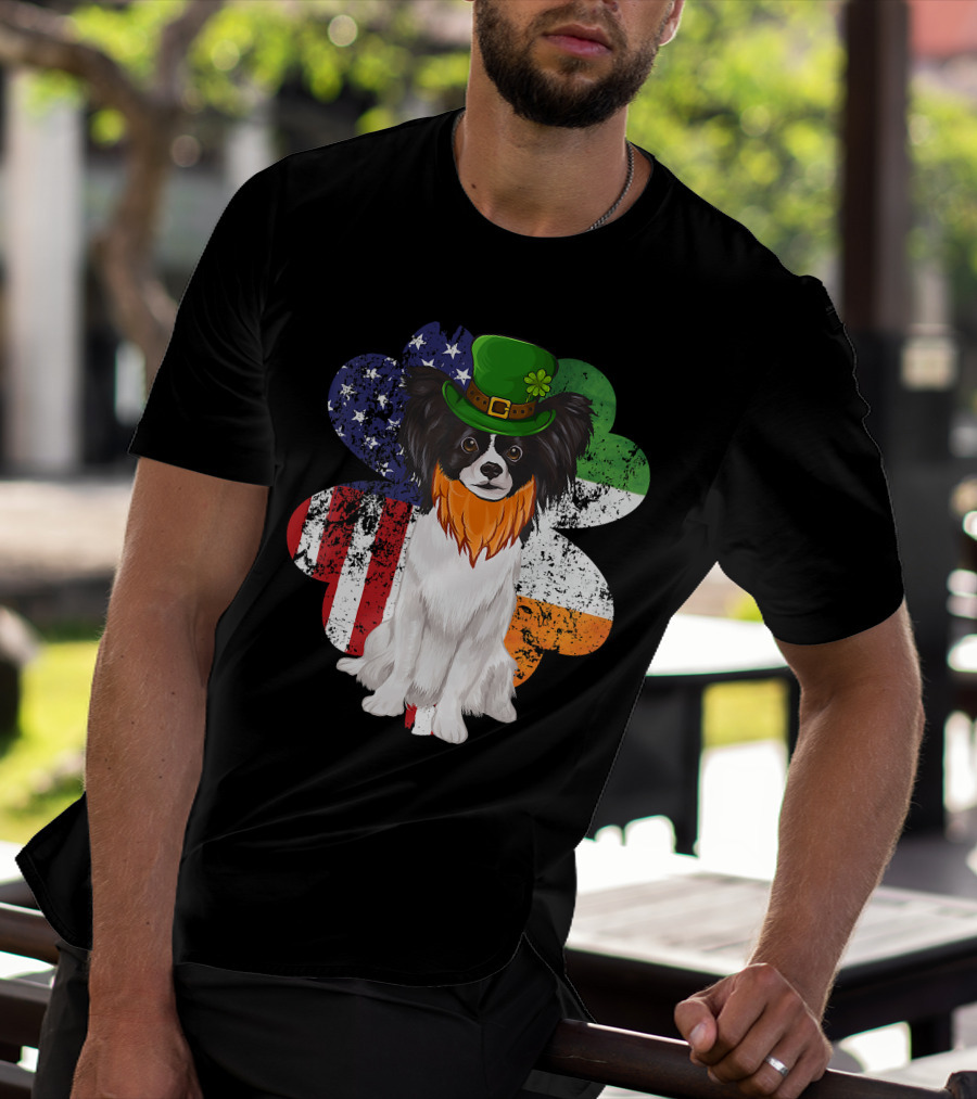 St Patricks Day Irish American Flag Papillon Dog With Leprechaun Hat And Shamrock T-Shirt