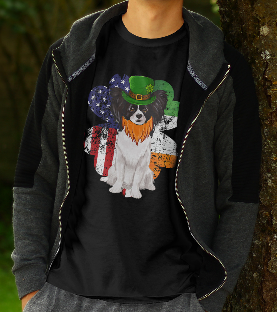 St Patricks Day Irish American Flag Papillon Dog With Leprechaun Hat And Shamrock T-Shirt