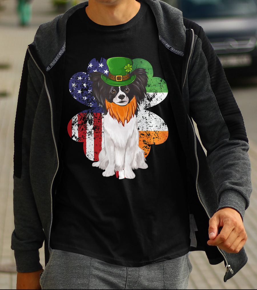 St Patricks Day Irish American Flag Papillon Dog With Leprechaun Hat And Shamrock T-Shirt