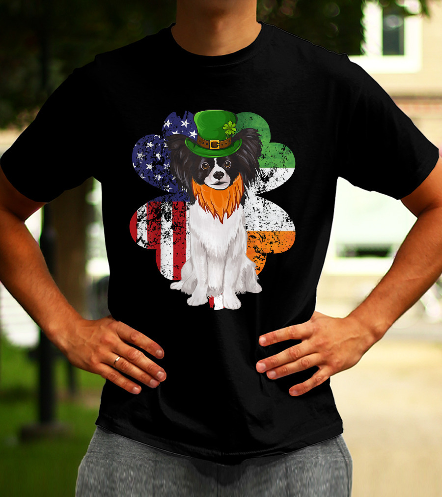 St Patricks Day Irish American Flag Papillon Dog With Leprechaun Hat And Shamrock T-Shirt