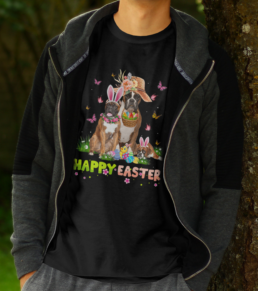 Boxer Dog Happy Easter Bunny Hat Eggs Butterflies T-Shirt